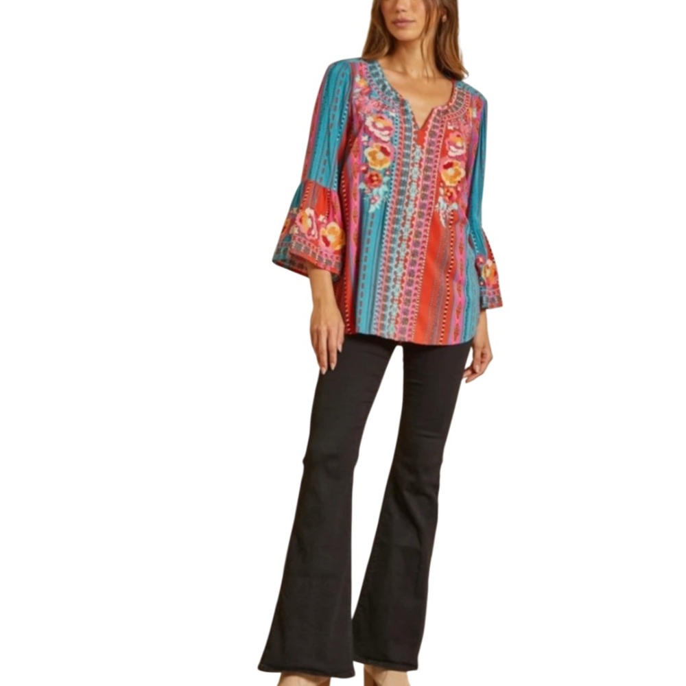 Savanna Jane Teal & Coral Floral Embroidered Tunic - Picture 2 of 7